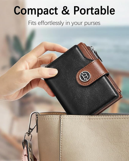 BOSTANTEN Women Leather Wallet Small RFID Blocking Bifold Zipper Pocket Wallet Card Case with ID Window Black＆Beige