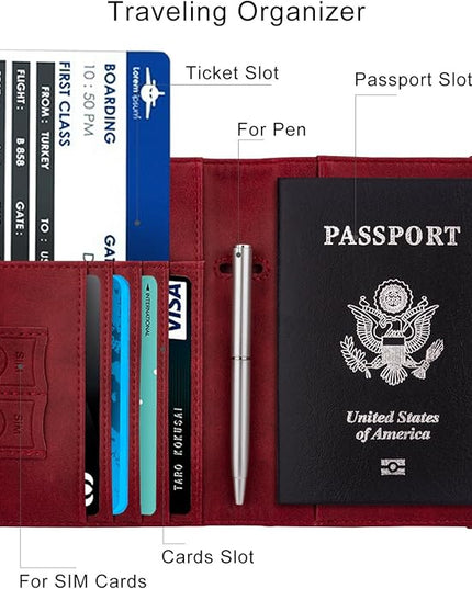 WALNEW Passport Holder for Travel, RFID Passport Cover Wallet for Women Men, PU Leather Passport Book Card Holder Case with Pen, Travelling Essentials for Flying