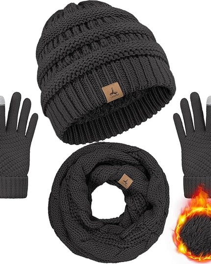 Winter Beanie Hat Scarf Gloves, Warm Fleece Knit Hats Touch Screen Gloves Neck Scarf Set Winter Gifts for Unisex Adult