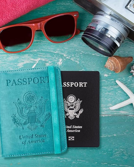 WALNEW Passport Holder for Travel, RFID Passport Cover Wallet for Women Men, PU Leather Passport Book Card Holder Case with Pen, Travelling Essentials for Flying