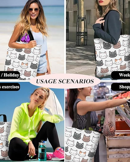 Canvas Tote Bag for Women，Cute Heavy-Duty Shoulder Bag with Zipper Pocket -Travel Tote for Grocery, Gym,Shopping