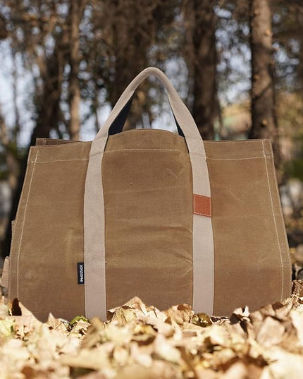 INNO STAGE Firewood Log Carrier Tote Bag with Super Strong Double Straps for Reinforce, 16oz Waxed Canvas Heavy Duty & Long Lasting for Wood Hay Hauling for Fireplace or Outdoor Camping-Khaki Color