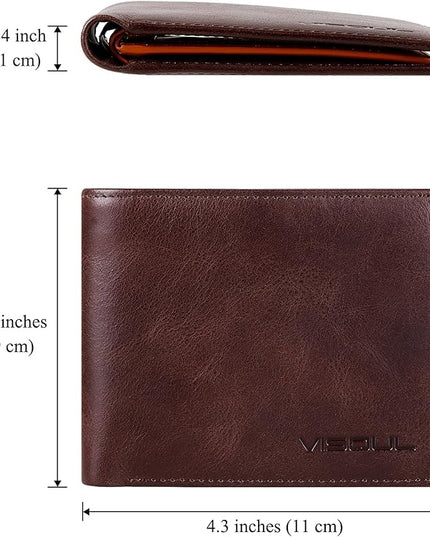 VISOUL Men's Leather RFID Blocking Wallet Extra Capacity, Bifold Security Wallet for men with 2 ID Windows 8 Card Slots 2 Cash Compartments (Coffee and Dark Orange)