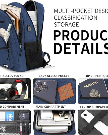 Classic Laptop Backpack for Men Women, School Backpack for Girls Boy Teens,15.6 Inch Laptop Bookbag with USB Charger for College High School Work Business Computer Book Bag,mochilas para hombres,Blue