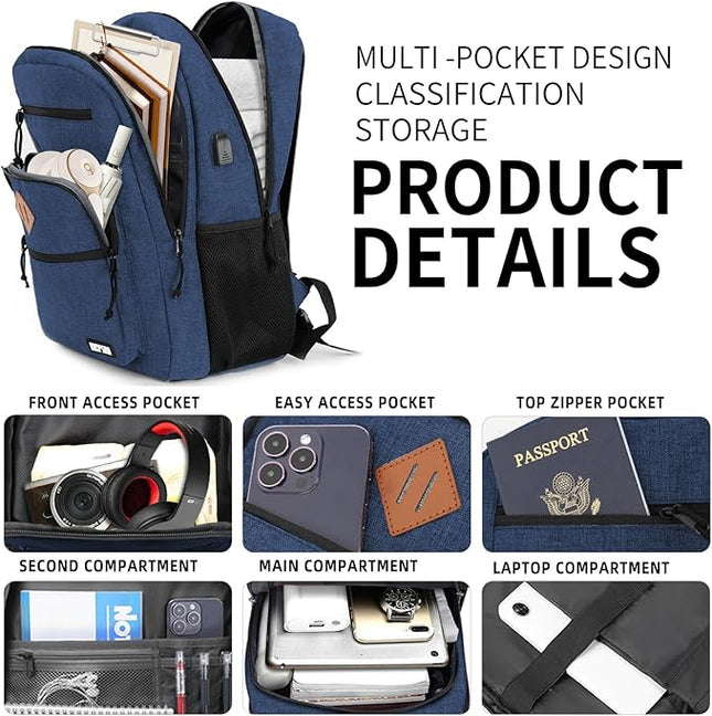 Classic Laptop Backpack for Men Women, School Backpack for Girls Boy Teens,15.6 Inch Laptop Bookbag with USB Charger for College High School Work Business Computer Book Bag,mochilas para hombres,Blue
