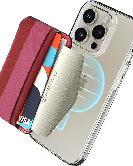 Sinjimoru Soft Wool Band Grip Phone Wallet for MagSafe, Magnetic Phone Card Holder for Back of Cell Phone Case with Hand Finger Holder Compatible with iPhone 14 13 12 Series. M-Band Red