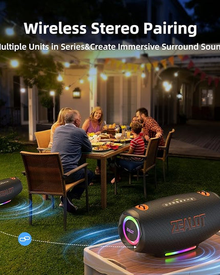 ZEALOT Bluetooth Speaker, 120W MAX Loud Portable Outdoor Speaker Bluetooth with Bidirectional Fast Charging/LED Lights/IPX6 Waterproof/Power Indicator/EQ/TF/AUX