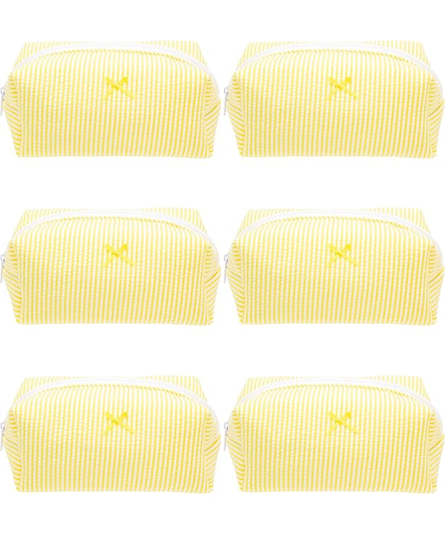 PAZIMIIK 6PCS Cozy Makeup Bag Small Aesthetic Travel Zipper Cosmetic Pouch for Women Make Up Beauty Accessories Brushes, Stripe Yellow