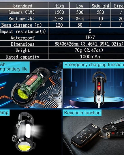 3-in-1 Keychain Flashlight, Rechargeable 500/1200 Lumens EDC Tool with Red/Blue Strobe, Emergency Recharge Your Phone , IPX7 Waterproof, Portable for Outdoor, Camping, Hiking & Survival Gear