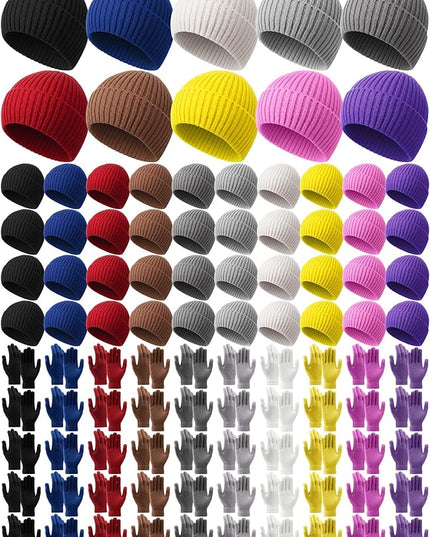 Chicingyou Winter Hats and Gloves Beanies Set Bulk Adults Women Men Unisex Knit Beanie Thermal Gloves for Homeless Gifts