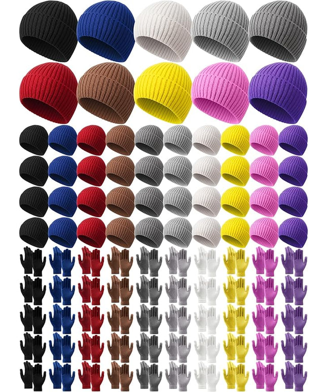 Chicingyou Winter Hats and Gloves Beanies Set Bulk Adults Women Men Unisex Knit Beanie Thermal Gloves for Homeless Gifts