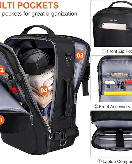 PIJUSHI Travel Backpack for Women Men Carry on Suitcase Backpack Flight Approved Personal Item Bag Fits 16 Inch Laptop(PE035 Black)