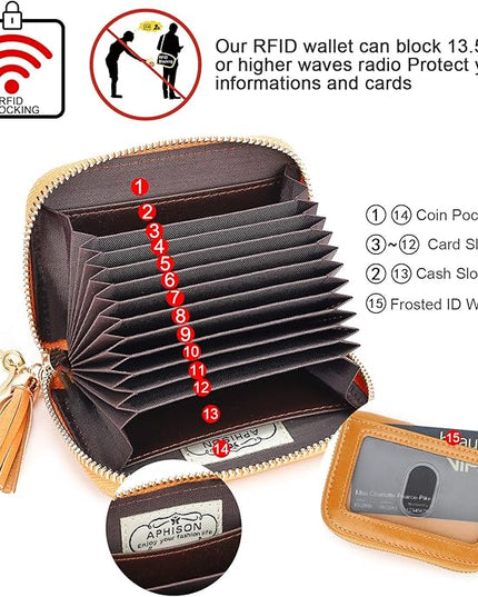 APHISON RFID Credit Card Holder Zipper Card Case Keychain Small Wallet for Women 1927 DARK-YELLOW