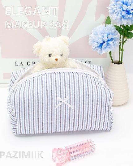 PAZIMIIK Cozy Makeup Bag Small Aesthetic Travel Zipper Cosmetic Pouch for Women Make Up Beauty Accessories Brushes, Stripe Blue Mix