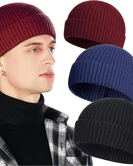 3 Pack Wool Fisherman Beanies for Men, Short Knit Watch Cap Cuffed Trawler Hats