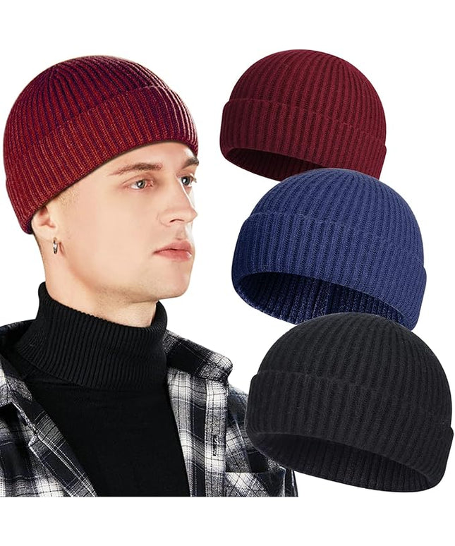 3 Pack Wool Fisherman Beanies for Men, Short Knit Watch Cap Cuffed Trawler Hats