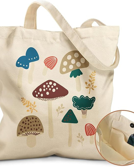 Aesthetic Tote Bag for Girls - with Magnetic Buckle and Zipper Inner Pocket for Women Lady Canvas Cotton Tote Bag
