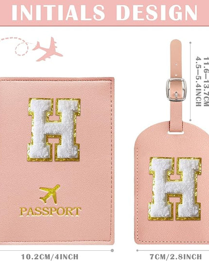 COSHAYSOO Initial Passport Cover Holder and Luggage Tag Set with Letter Name Patch for Women Teenage, Pink Travel Passport Book Vaccine Card Combo Bag Suitcase Identifier Pink H