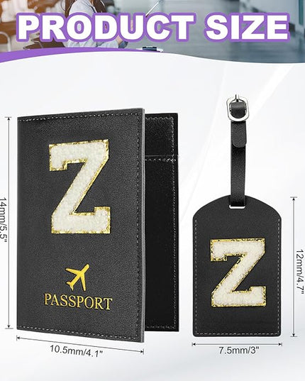 PATIKIL Passport Holder for Travel, Initial Passport Cover and Luggage Tag Set with Alphabet Chenille Letter Patch Travel Wallet Bag Suitcase Identifier for Women Family Travel Black Z