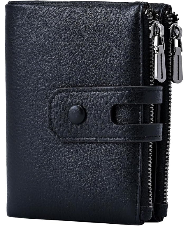 Bveyzi Small Soft Leather Wallet for Women RFID Blocking Ladies Card Holder with Double Zipper Pocket