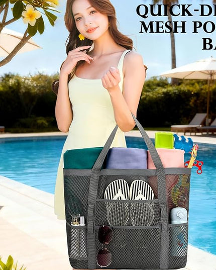 Mesh Beach Bag, Large Beach Tote with Zipper Pocket, Toys Pool Bag for Family Travel Vacation Cruise Essentials