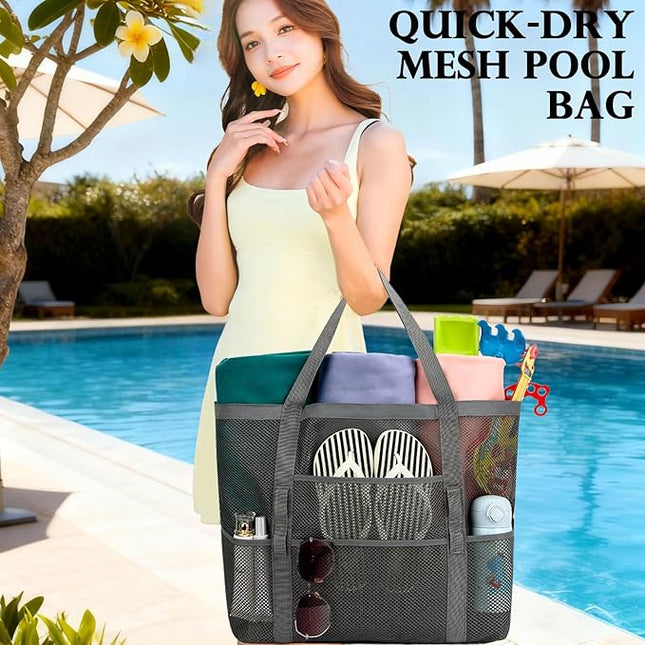 Mesh Beach Bag, Large Beach Tote with Zipper Pocket, Toys Pool Bag for Family Travel Vacation Cruise Essentials