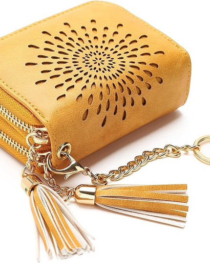 APHISON RFID Credit Card Holder Zipper Card Case Keychain Small Wallet for Women 1942-2 LIGHT-YELLOW