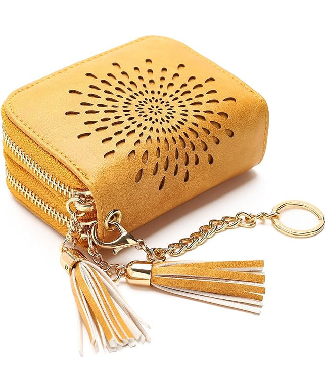 APHISON RFID Credit Card Holder Zipper Card Case Keychain Small Wallet for Women 1942-2 LIGHT-YELLOW