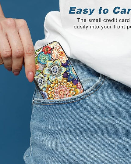 Atufsuat Credit Card Holder, Mini Aluminum Card Wallet RFID Blocking Slim Metal Hard Card Case for Women Men, Mandala Flower