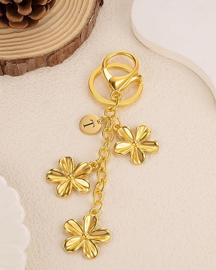 XGALBLA Gold/Silver Initial Keychain Flower Charms for Key Cute Letter Keyring for Purse Handbag Backpack