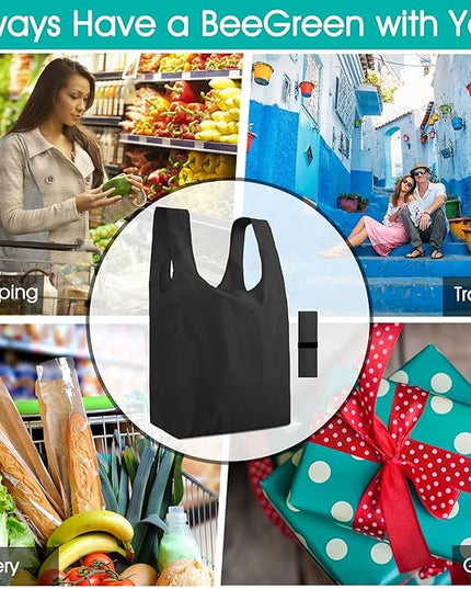 BeeGreen Black Reusable Grocery Bags Shopping Bags for Groceries 12 Pack Heavy Duty - Foldable Polyester Grocery Totes with Handles and Zipper Bag, Large Travel Washable Holiday Tote Bag Bulk