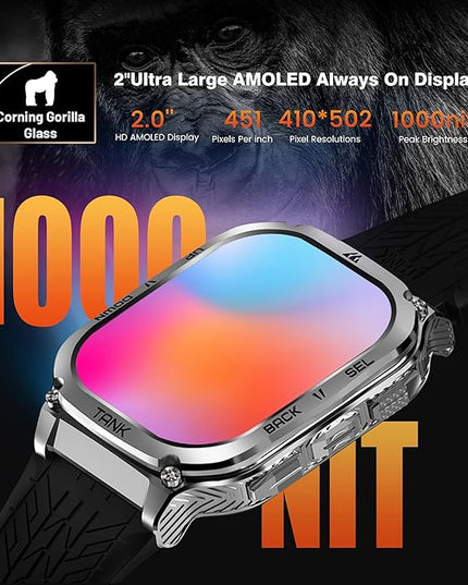 AMAZTIM Smart Watch, 60 Days Extra-Long Battery, 5ATM Waterproof Swimming Diving, Full Metal Military Grade, Answer/Make Call, 2" AMOLED Display, Health Monitor Compatible for iPhone and Android