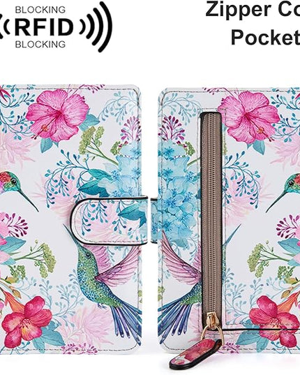 Passport Holder for Travel Essentials, RFID Blocking Passport Wallet Cover with Magnetic Closure, Passport Book Holders for Women and Men (Flowers and Hummingbirds)