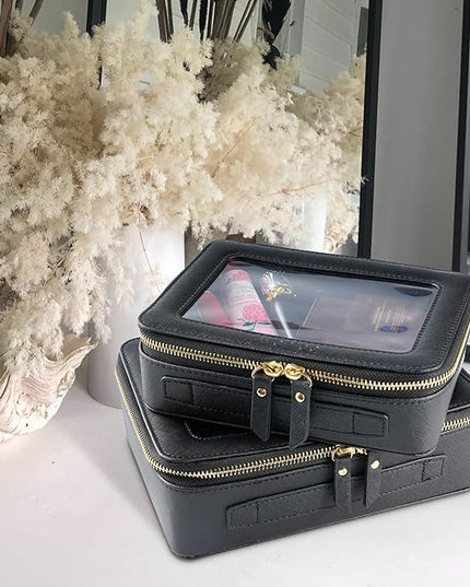 Aveniee Clear Makeup Bag Organizer, Portable Travel Toiletry Cosmetic Bag Case for Women, Heavy Duty Clear Pouch with zipper with Transparent Vinyl Windows & Gold Zippers(Black)
