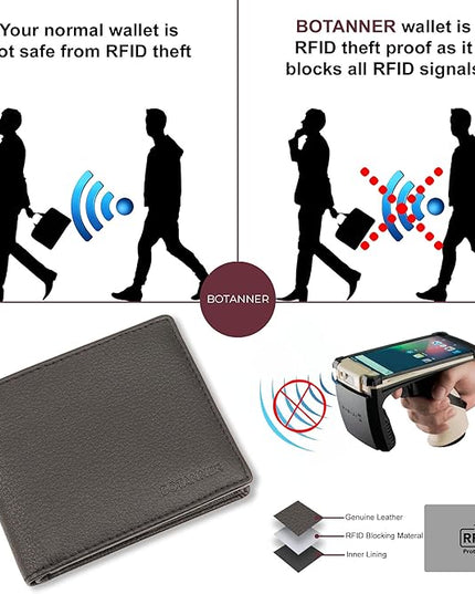 BOTANNER Genuine Leather Men's Flip ID Wallet RFID Blocking with 8 Credit Card Slots 2 ID Windows 3 Hidden Pockets 2 Sections for Notes | Pebble Black
