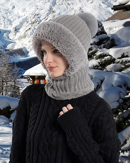 HUAMULAN Women Winter Beanie Hats One Piece Fleece Lined Knit Balaclavas Mask Set Skull Neck Circle Scarf Ski Snow Hat Pompom