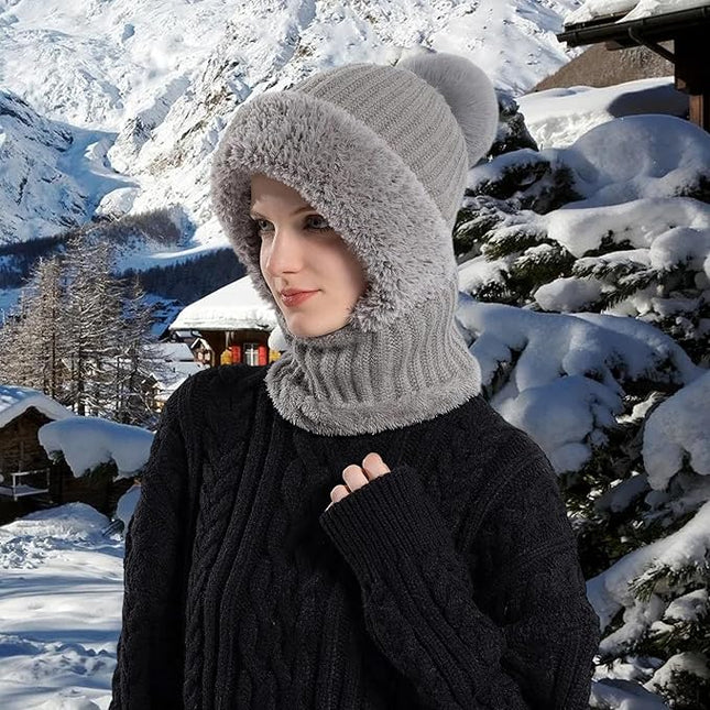 HUAMULAN Women Winter Beanie Hats One Piece Fleece Lined Knit Balaclavas Mask Set Skull Neck Circle Scarf Ski Snow Hat Pompom