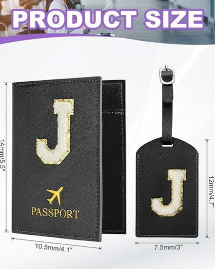 PATIKIL Passport Holder for Travel, Initial Passport Cover and Luggage Tag Set with Alphabet Chenille Letter Patch Travel Wallet Bag Suitcase Identifier for Women Family Travel Black J