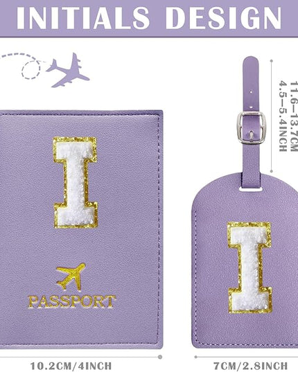 COSHAYSOO Purple Passport Cover and Luggage Tag Set TSA Approved with Her Initial Chenille Letter Patch, Trendy Travel Bag Backpack Suitcase Identifier Gifts for Daughter Mother Sister in Law (I)
