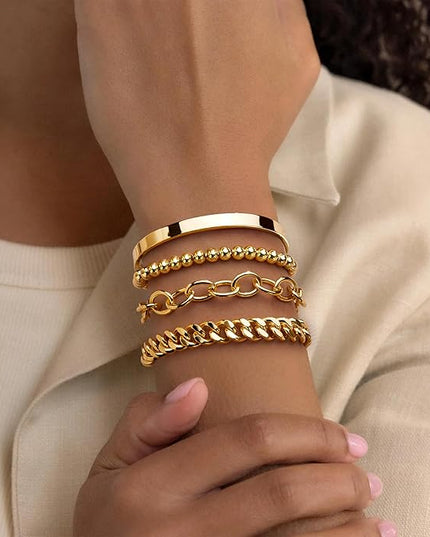 Gold Bracelets Set for Women Stack, Dainty Thick Bracelets Stack for Women Trendy, Simple Thin Gold Plated Cuff Stackable Bracelets With Beaded Cuban Paperclip Snake Rope Bangle Hand Chain Jewelry Gifts for Women Non Tainish
