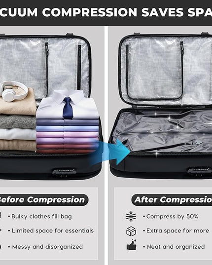BANGE Vacuum-Seal Travel Backpack with Pump and Vacpack Compression System, Water Resistant Large Carry-On Backpack with Laptop Compartment and TSA Lock - Flight Approved, Black (With Air Pump)