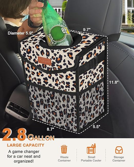 Car Trash Can with Lid, Cute Leakproof Car Trash Garbage Bag Hanging Vehicle Trash Bin Small Portable Automotive Garbage Cans Organizer for Back/Front Seat/Console(2.8 gal,Leopard