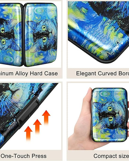 ELFISH Mini RFID Aluminum Wallet Credit Cards Holder Business Card Case Metal ID Case for Men Women(Blue Cat)