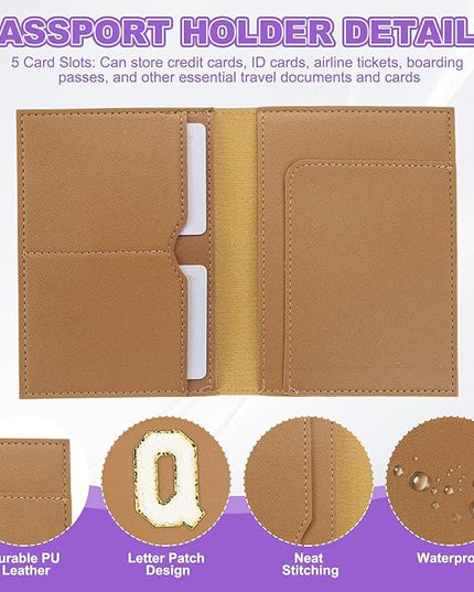 PATIKIL Passport Holder for Travel, Initial Passport Cover and Luggage Tag Set with Alphabet Chenille Letter Patch Travel Wallet Bag Suitcase Identifier for Women Family Travel Brown Q