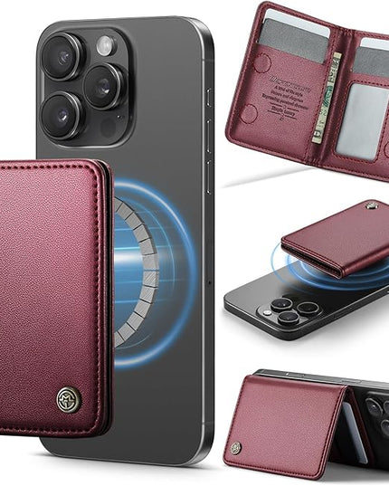 Defencase for Magsafe Wallet Magnetic Card Holder RFID Blocking, PU Leather Minimalist Phone Wallet for MagSafe Phones and Cases for iPhone 17/16/ 15/14/ 13/12/ Pro/Max/Plus/Air, Wine Red