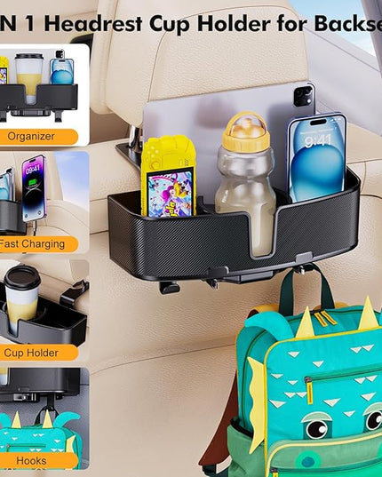 Car Headrest Cup Holder for Back Seat Organizer for Type-c/Lightning Retractable Charging Cables Multi- Hanging Snack Storage Box with Strong Hooks for Kids and Fast Charging for Travel Accessories