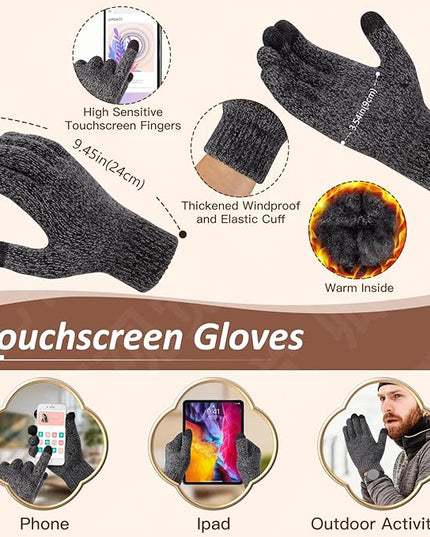 Men Women Winter Beanie Hats Scarf with Touchscreen Gloves Warm Knit Themal Gloves Long Scarf Set with Fleece Lined