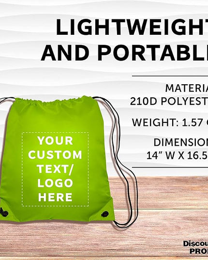 DISCOUNT PROMOS Custom Classic Polyester Drawstring Bagpack Set of 10/50/100, Personalized Bulk Pack - Great for Travelling, Gym and for Everyday Use - Lime Green