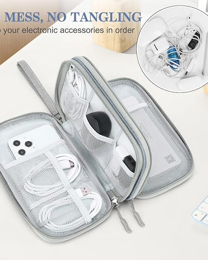FYY Electronic Organizer, Travel Cable Organizer Bag Pouch Electronic Accessories Carry Case Portable Waterproof Double Layers Storage Bag for Cable, Charger, Phone, Earphone, Medium Size, Light Grey