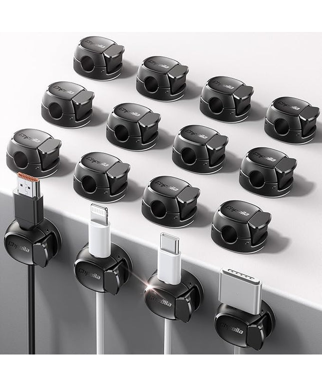 16Pack Cord Organizer [Dual Spring & Clasp, Max Secure] Cable Clips - Chfeila Cord Holder, Desk Cable Management, Adhesive Phone Charging Wire Holder for Nightstand/Car/Wall, Office Accessory - Black